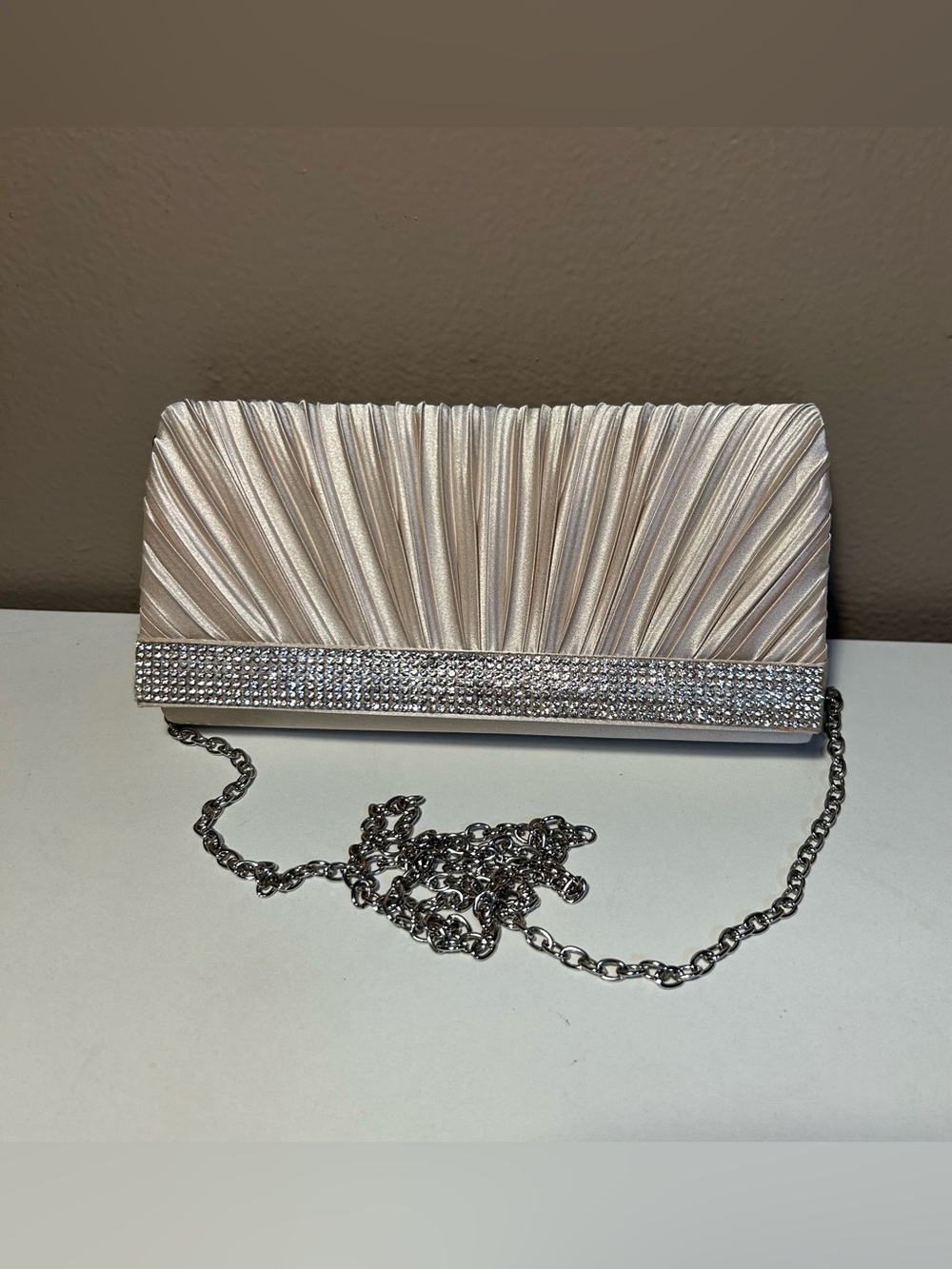 Jessica McClintock Chloe Pleated Satin Ruched Clutch Crystal detail Wedding